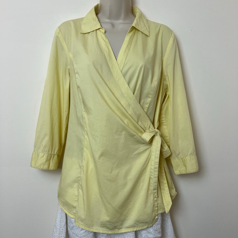 Coldwater Creek Soft Yellow Stretch Cotton Surplice Wrap Tie Shirt Blouse Medium